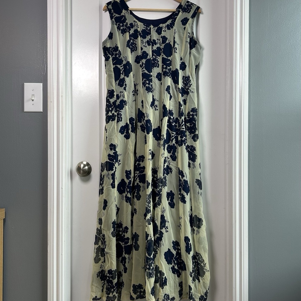 Handmade Vintage 70s Navy Cream Floral Pleated Sleeveless Maxi Dress Boho Style